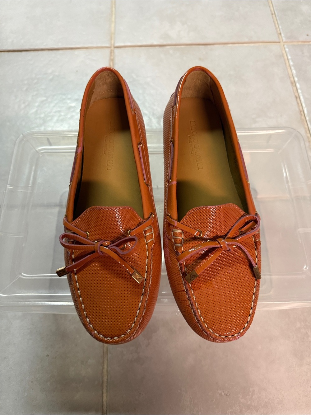 Emporio Armani Orange Leather Bow Moccasin Loafers